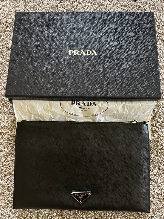 Prada Handbags - PRADA Saffiano Leather Clutch with Box; EUC